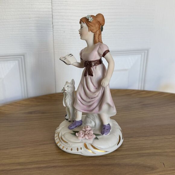 Vintage Nuova Capodimonte Singing Girl With Fox Pink Roses Porcelain Figurine - Picture 13 of 16
